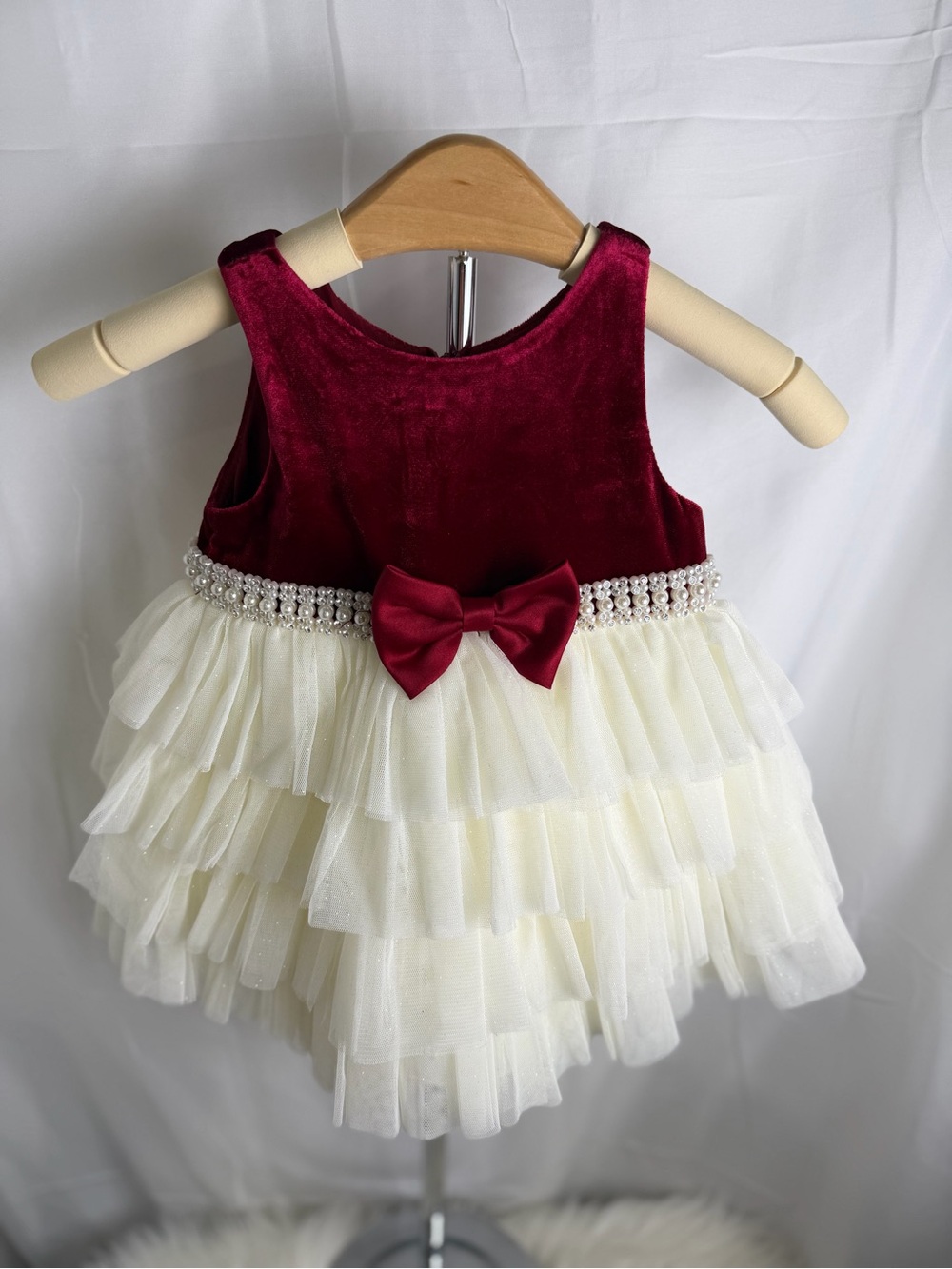 Velvet Burgundy and Ivory Tulle Toddler Dress with Bow 12 M